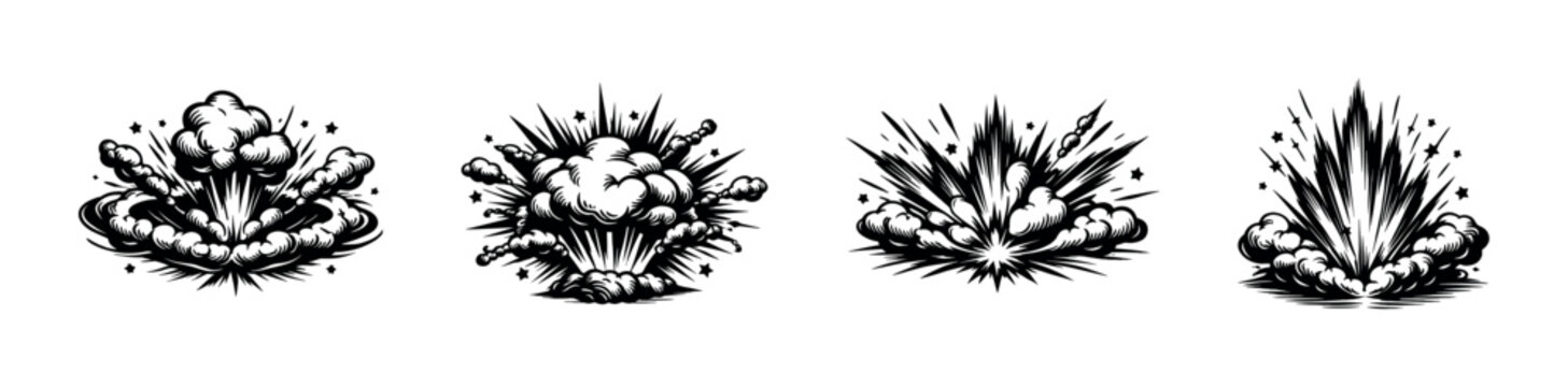 Explosion comic book style illustrations with smoke and stars