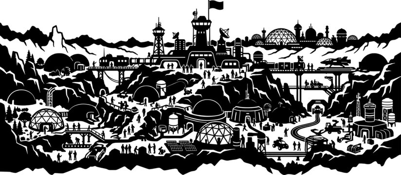 Futuristic colony base on a rocky alien planet landscape silhouette