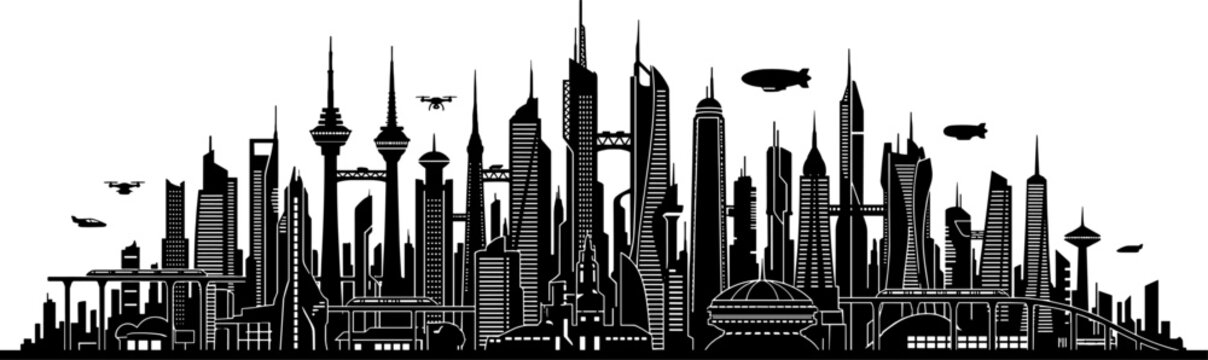 Futuristic metropolis skyline silhouette with blimps and drones flying over buildings