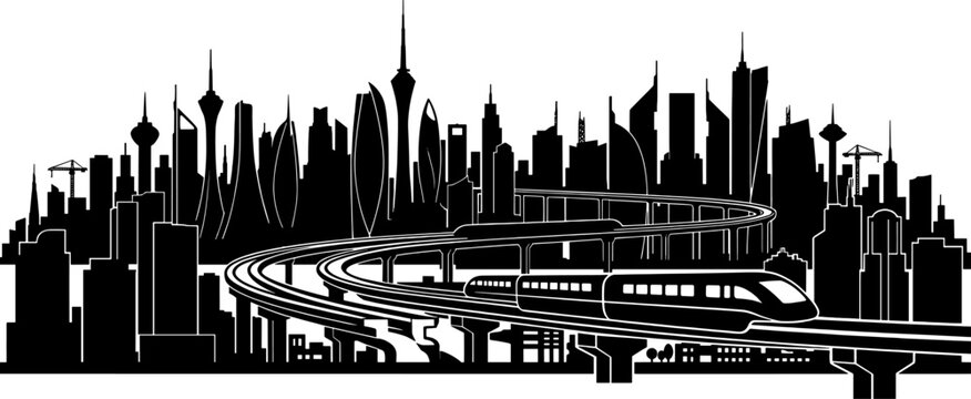 Futuristic metropolitan city silhouette with high speed monorail on elevated tracks