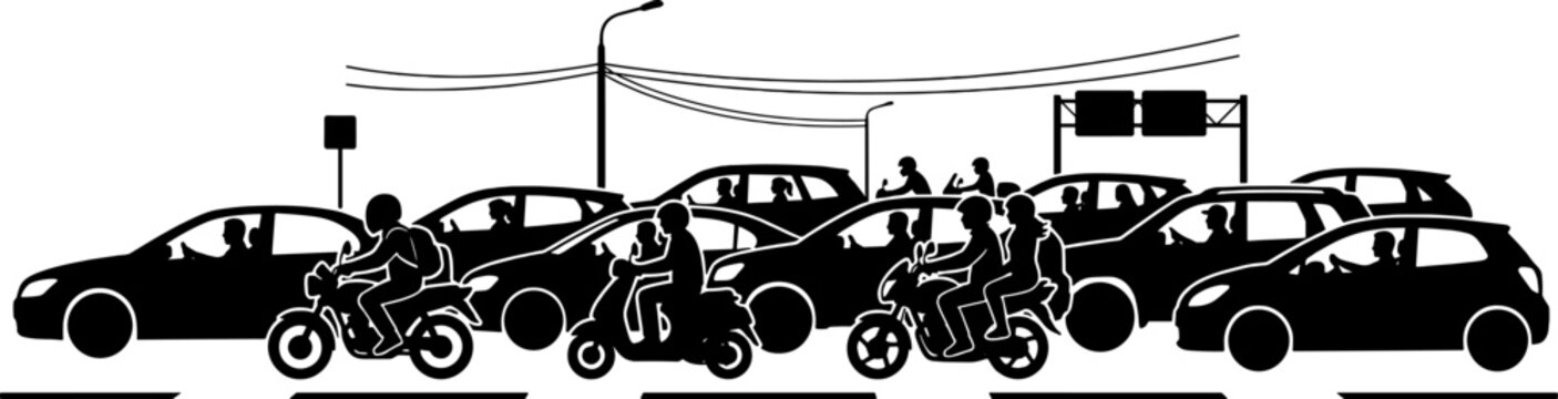 Heavy city traffic jam with cars and motorcycles during rush hour