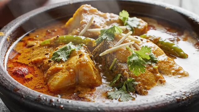 Close-up of a flavorful Indian chicken curry served with fresh herbs in a traditional clay pot