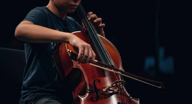 Young Musician Playing Cello with Passion in a Dark Setting.