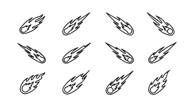 Row of stylized meteorites with trailing fire against a white background