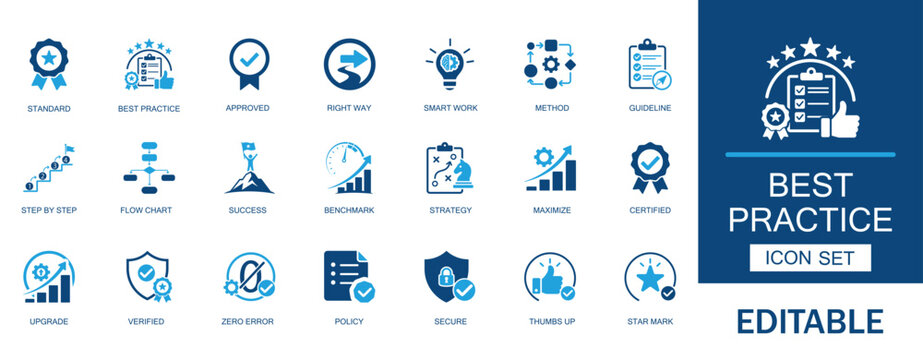 Best practice and quality standard icon set. Features quality assurance, success strategy, benchmark tracking, certified approval, and corporate compliance symbols.