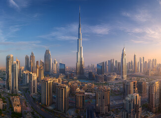 Obraz premium Expansive cityscape featuring a colossal, needle-like skyscraper as the centerpiece, surrounded by an urban jungle
