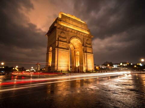 India Gate at Night with Long Exposure Light Trails