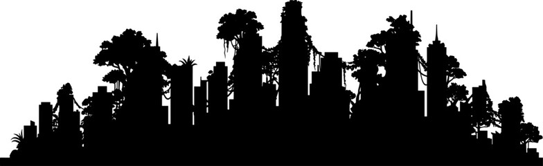 Obraz premium Ruined city skyline overgrown with vines and forest trees