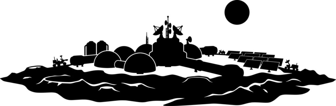 Research base on the moon surface with domes and solar panels silhouette