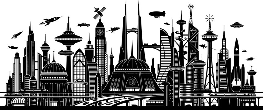 Retro-futuristic cityscape featuring rockets and atomic age architecture