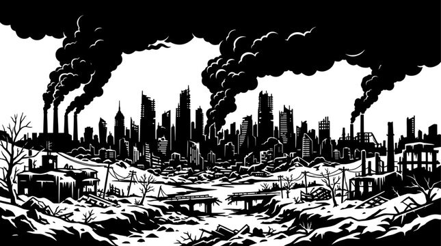 Ruined urban landscape with heavy smoke rising from destroyed buildings