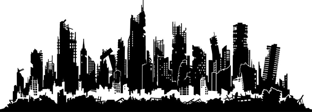 Ruined city skyline silhouette showing destroyed buildings and urban decay