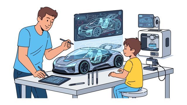 Creative Design Workshop: A father and son collaborate on a futuristic car design, using digital tools and a 3D printer in an innovative workshop setting, fostering learning and imagination.