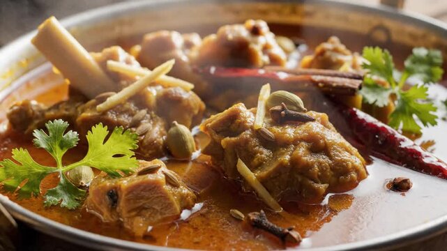 a bowl of spicy and flavorful meat curry garnished with fresh herbs and spices in a traditional kitchen setting