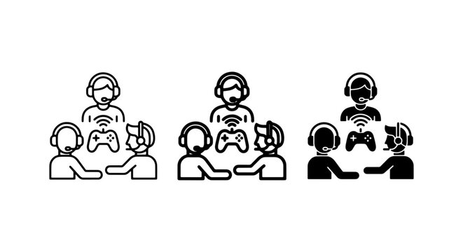Gaming Team Icons Set, Online Multiplayer Group Symbols, Esports Players with Headsets and Controllers, Digital Communication Graphics