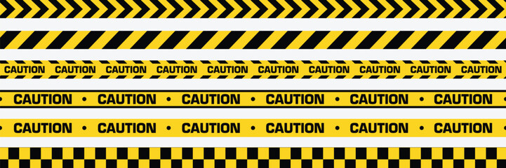 Caution warning barrier tape sign for web site road warning, Black and yellow line. Seamless barrier. Included brushes. vector illustration with white background. © PerfectDesign