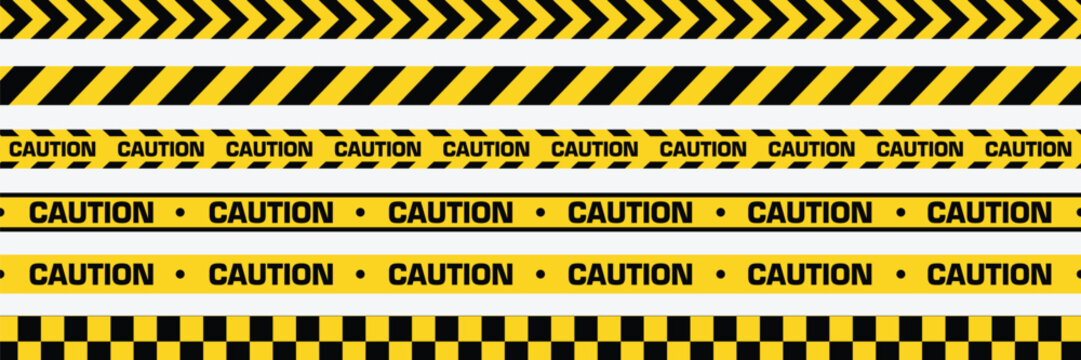Caution warning barrier tape sign for web site road warning, Black and yellow line. Seamless barrier. Included brushes. vector illustration with white background.