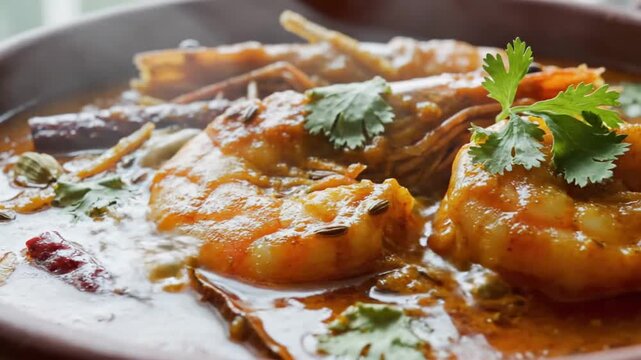 Delicious Shrimp Curry with Fresh Herbs Served in a Traditional Clay Pot