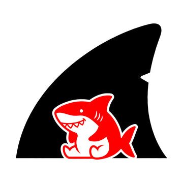 Cute cartoon red shark sitting inside a black shark fin.
