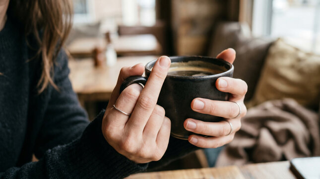 Close-up of a woman's hands holding a coffee cup while showing the middle finger gesture, concept of provocation, disobedience, and disagreement