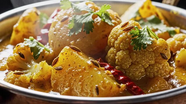 Vibrant bowl of traditional Indian yellow curry filled with cauliflower and potatoes garnished with fresh cilantro
