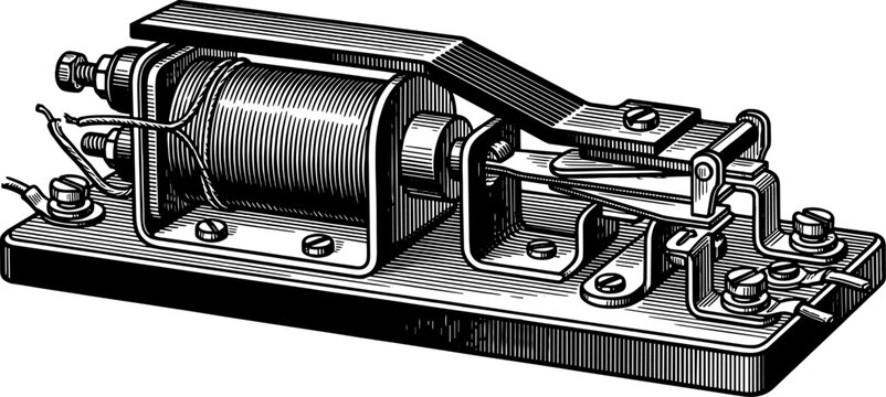 Antique telegraph relay machine on a wooden base