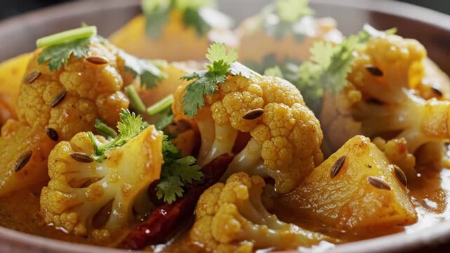 Colorful cauliflower and vegetable curry with fresh herbs served on a plate for a delicious vegetarian meal presentation