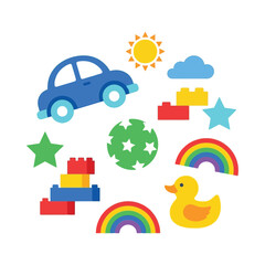Fototapeta premium Kids Playtime Icons, Car, Rainbow, Stars, Building Blocks, Toy Duck, Bright Colorful Style, Vector Icons, Flat Icon Set, Clipart Elements