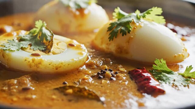 Close-up of delicious halved boiled eggs with chili spices garnished with cilantro on a spicy curry dish