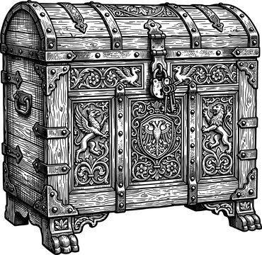 Antique wooden treasure chest decorated with griffin carvings and heavy metal padlock