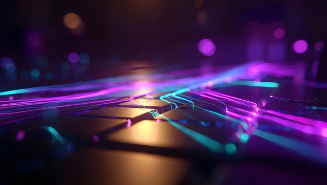 Quantum photonic chip processor with glowing blue light data laser pathways, futuristic golden microchip hardware concept
