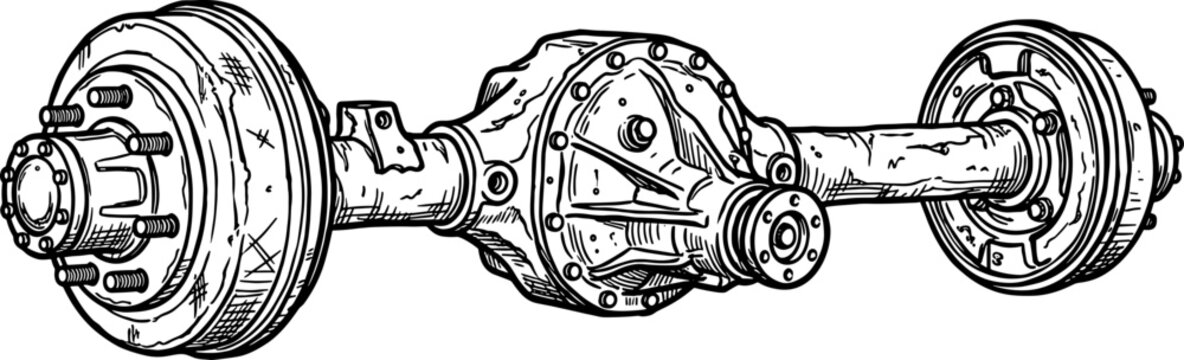 Automotive rear axle assembly with brake drums line art