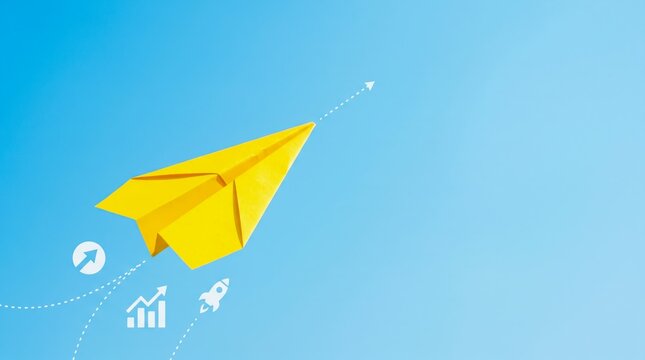 Yellow paper airplane flying upwards with growth icons in blue background