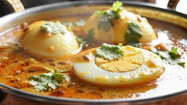Close-up of flavorful Indian-style egg curry garnished with coriander and boiled eggs in a traditional dish