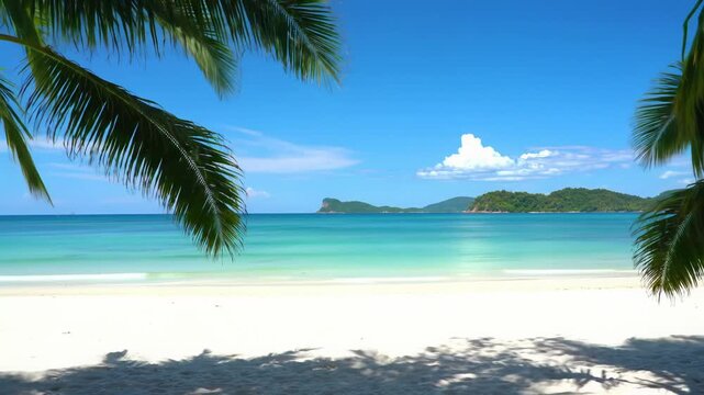 A static wide video captures a pristine tropical white sand beach. Crystal-clear turquoise waves wash ashore, emerald green palm fronds arch in foreground, under a vast blue sky. Serene paradise