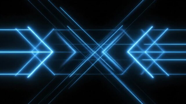 Abstract Geometric Blue Neon Light Lines Forming Arrow and X Shapes on Black Background