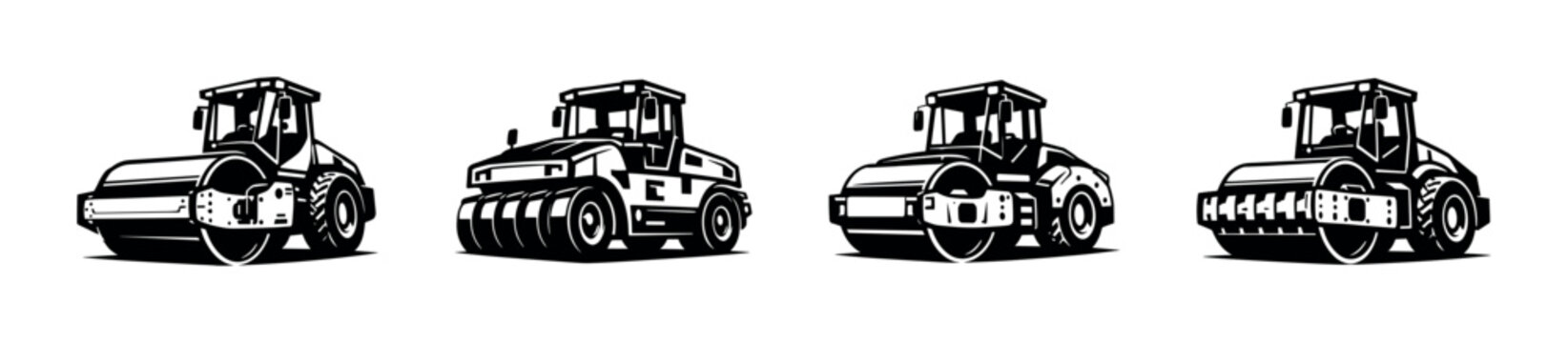 Collection of four distinct steamroller and compactor machine illustrations