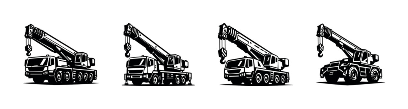 Collection of four distinct mobile crane illustrations in a bold, graphic style