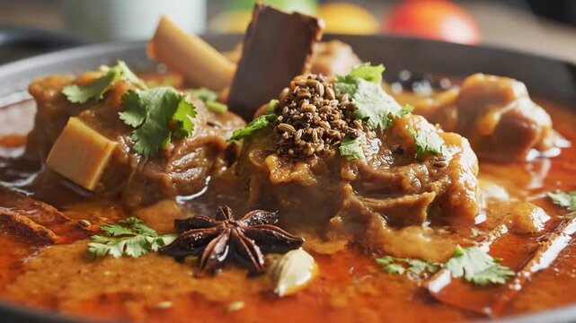 Close-up of flavorful beef curry garnished with fresh herbs and spices in a serving dish