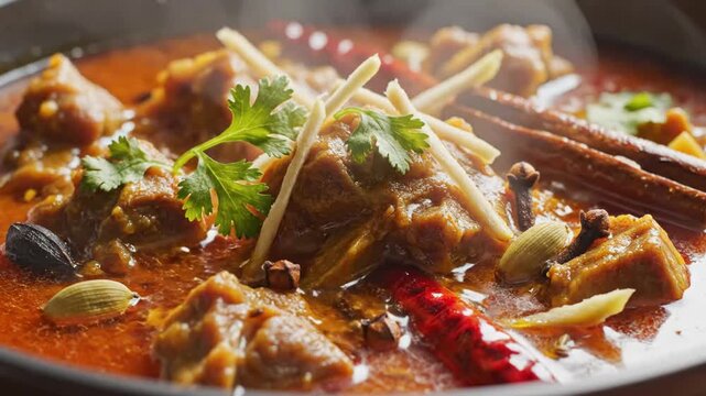 Close-up of flavorful spicy Indian curry with garnished herbs and spices in a pan