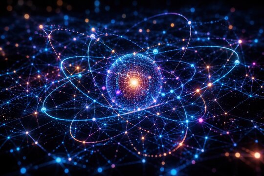 Futuristic quantum particle network with glowing connections. AI-generated.