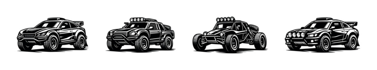 Fototapeta premium Collection of four distinct off-road and rally racing vehicles in black and white