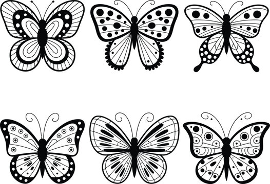 Black and white butterfly vector illustrations, decorative symmetrical wing patterns, stylized insect designs for coloring, art, and design inspiration