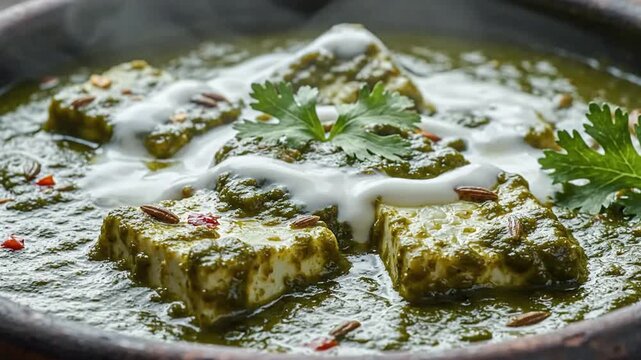 Delicious green curry with paneer and coconut milk garnished with cilantro and red pepper flakes