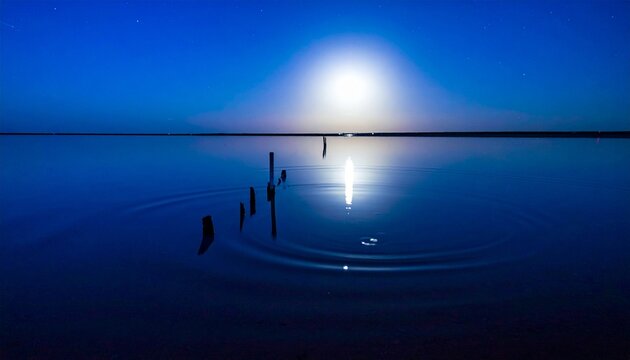 Enchanting night scene where a brilliant moon casts a luminous path across tranquil, deep blue water, highlighting weathered wooden pilings against a vast, serene horizon
