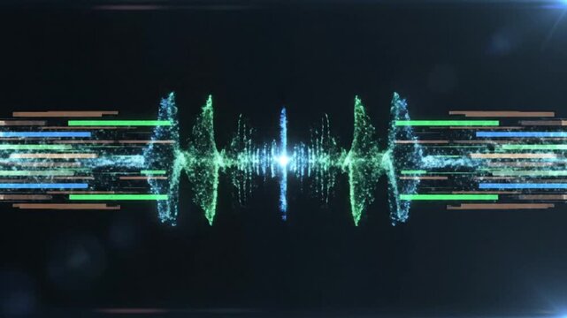 Abstract digital data stream pulses in wave form with sound visualization on black background, futuristic technology