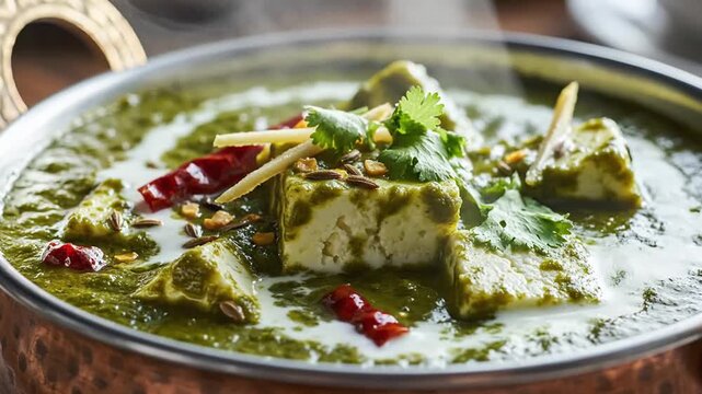 Close-up of traditional Indian curry with paneer and spices in a rustic pot