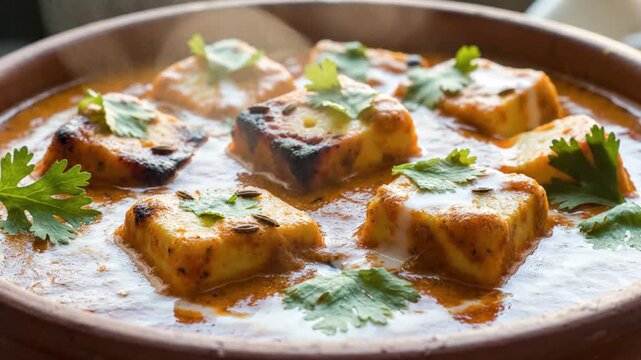Delicious Tandoori Paneer Cubes in Creamy Tomato Gravy with Fresh Cilantro Garnish