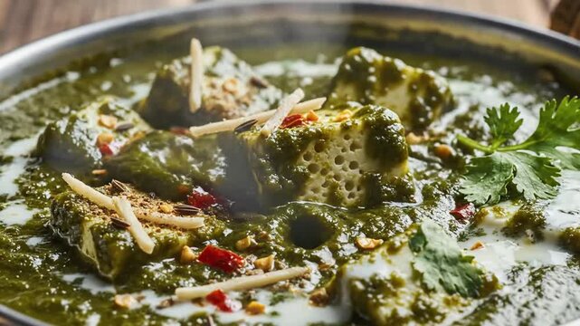 Close-up of traditional Indian dish in a metal bowl with fresh herbs and spices for rich flavors