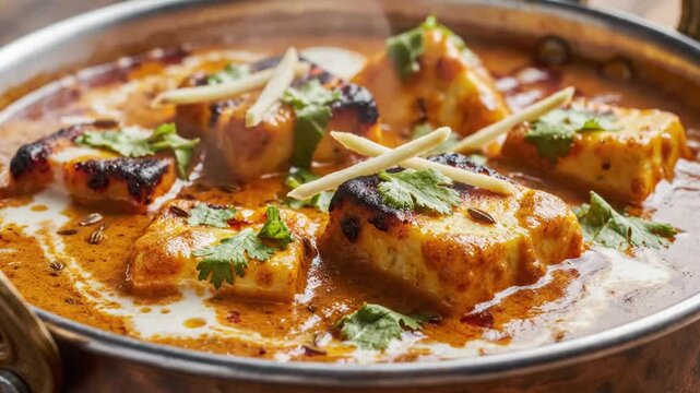 Close-up of spicy paneer dish garnished with herbs in a traditional copper vessel